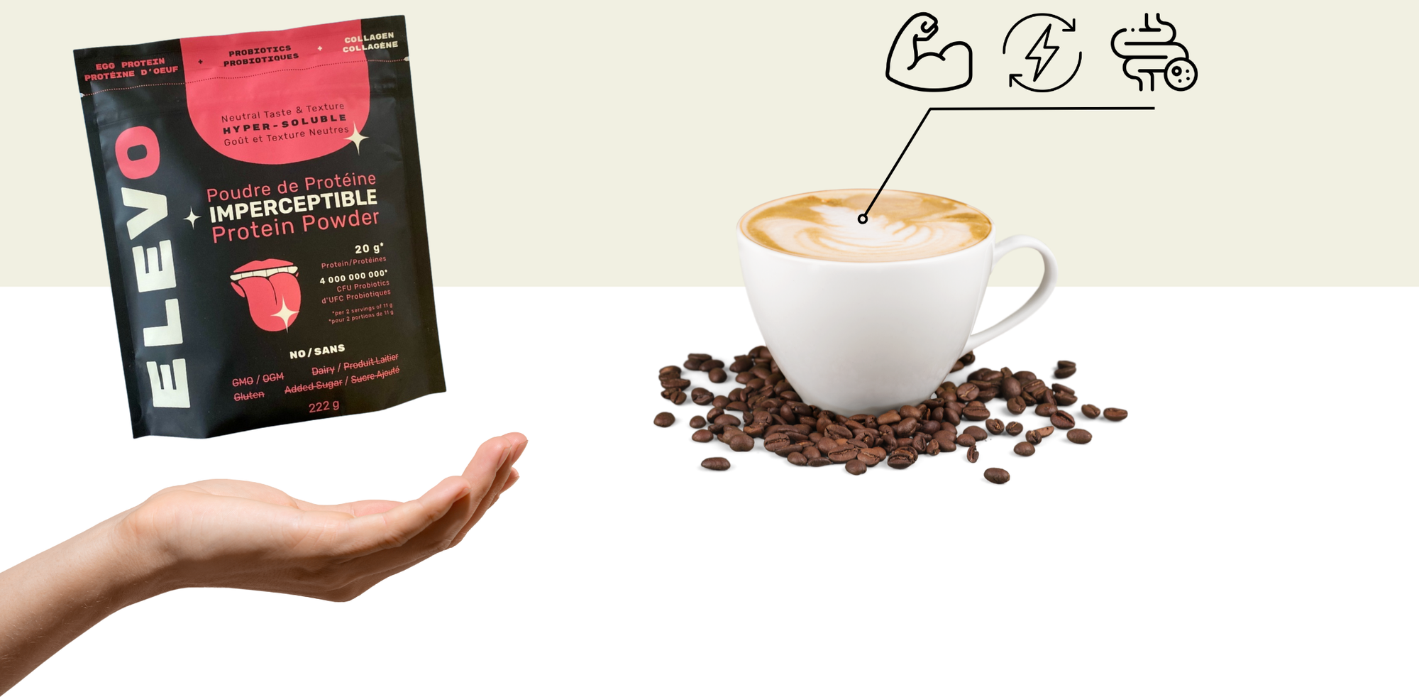 ELEVO protein powder package with a cup of coffee and coffee beans