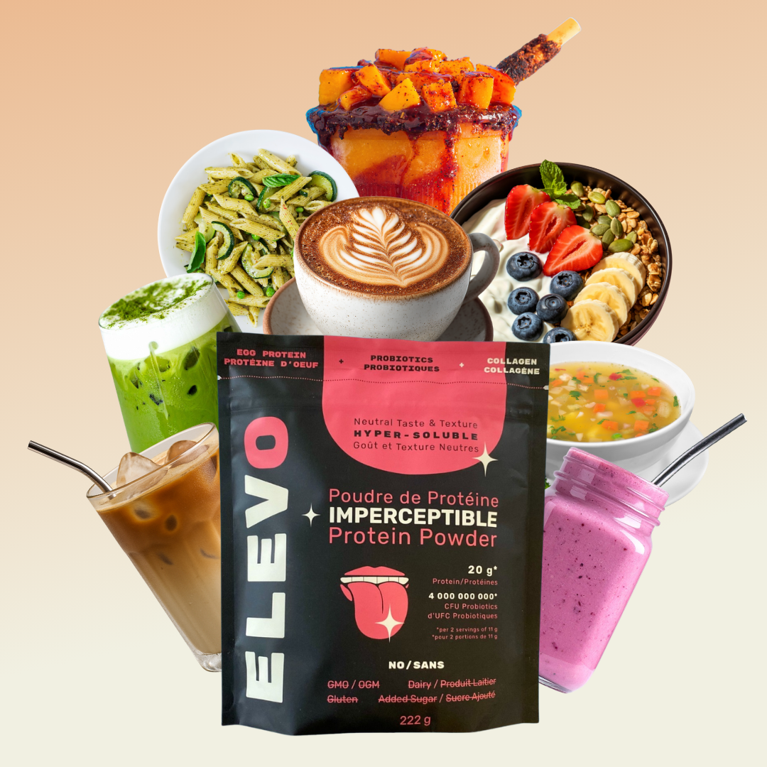 ELEVO Imperceptible Protein Powder surrounded by coffee, smoothies, matcha, soup and pasta — infinite meal possibilities