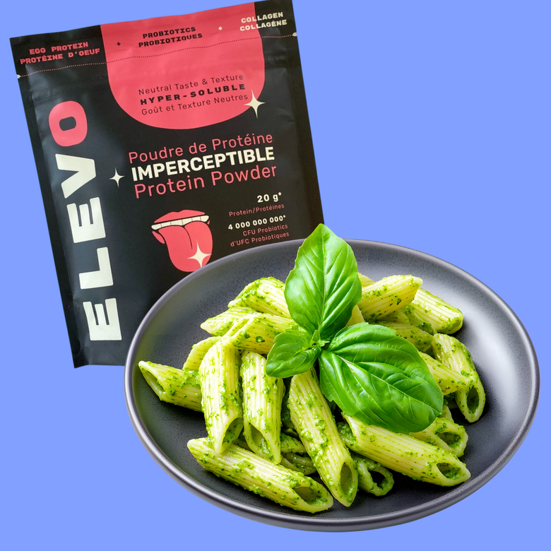 ELEVO Nutrition Protein powder bag next to a plate of green pasta