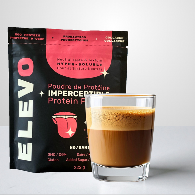 ELEVO protein powder package with a glass of coffee on a white background