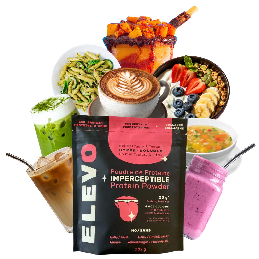 ELEVO protein powder package surrounded by various food items on a white background