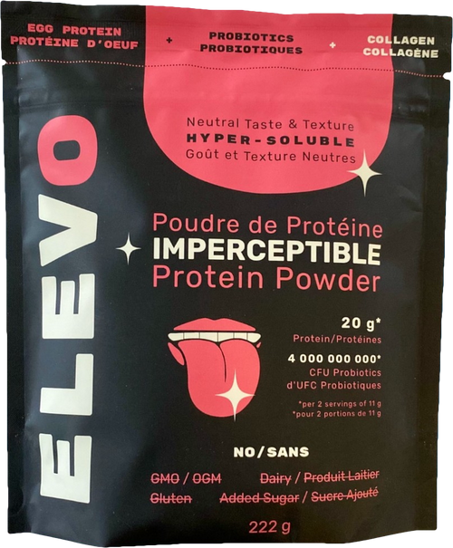 Elevo protein powder package with black and pink design