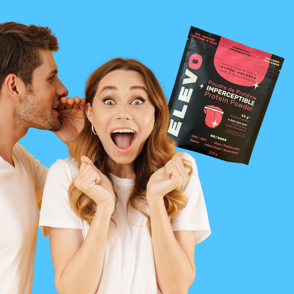 Person whispering to another person about a package of ELEVO Nutrition protein powder