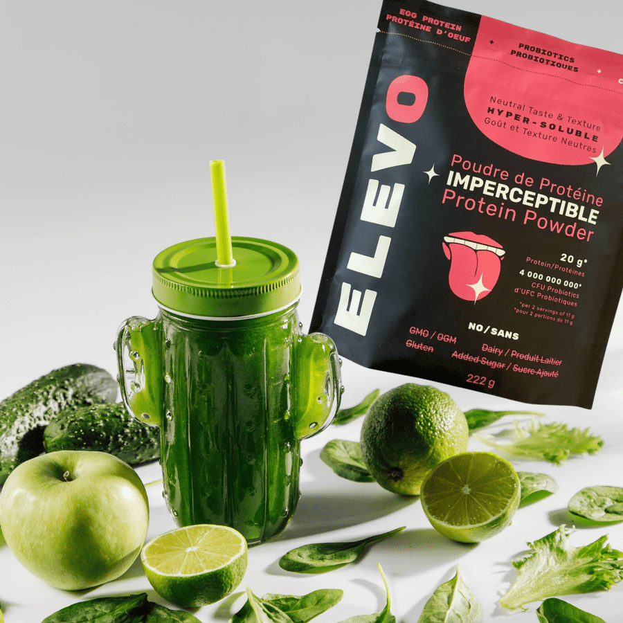 Have a green protein shake with ELEVO Nutrition protein powder bag
