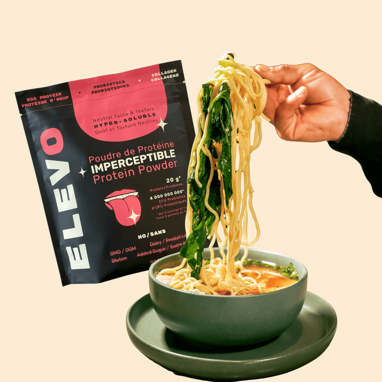 ELEVO Nutrition protein powder with a bowl of noodles and greens 